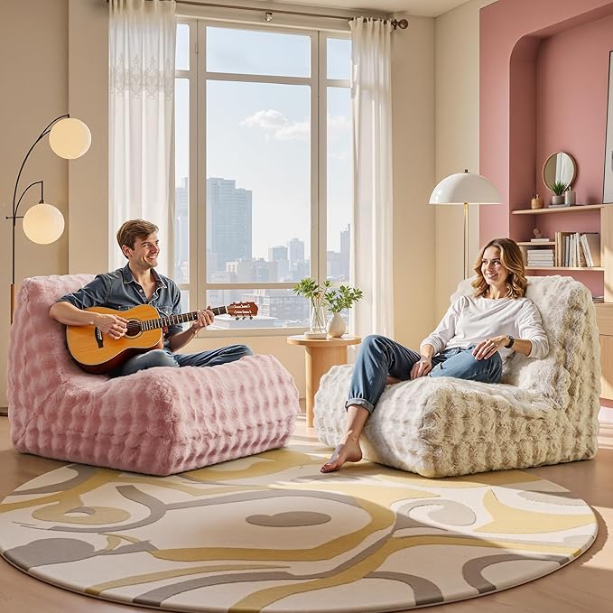 Modern Bean Bag Chair, Large Bean Bag Couch for Adults with Memory Foam Filled, Soft Faux Bunny Fur Lazy Chair for Living Room Bedroom Dorm Apartment, No Assembly Required, Beige