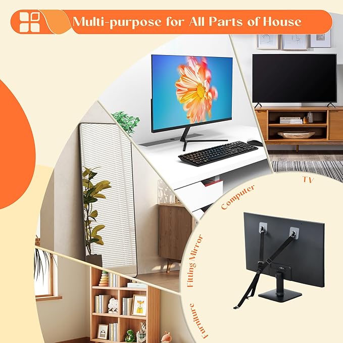 TV Safety Straps Adjustable, Adhesive Anti-Tip Furniture Anchor for Flat Screen, TV and Furniture Safety Straps for Baby Proofing, Black