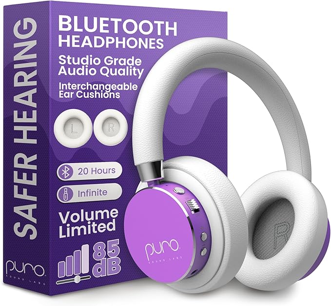 Puro Sound Labs BT2200 Plus Kids Bluetooth Headphones – Volume-Limiting 85dB, Studio-Grade Audio, Over-Ear & Comfy Design, 20-Hour Battery Life, Easy to Connect Wireless Headphones for Kids, Purple