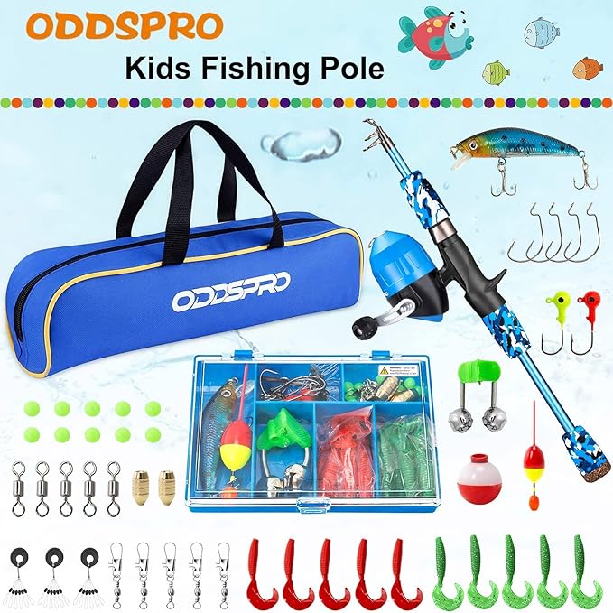 ODDSPRO Kids Fishing Pole Pink, Portable Telescopic Fishing Rod and Reel Combo Kit - with Spincast Fishing Reel Tackle Box for Girls, Youth