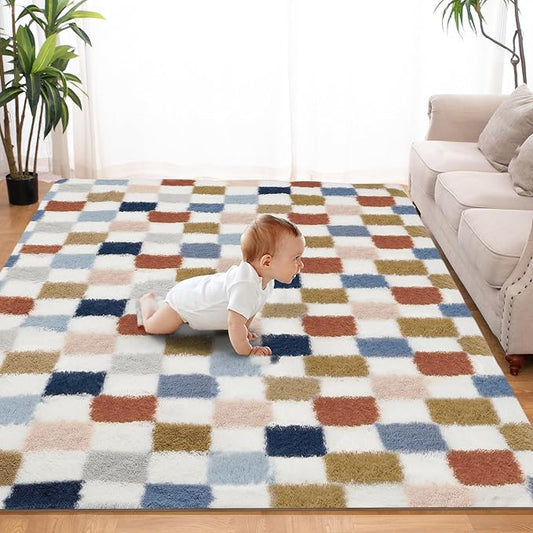 Super Soft Rug for Bedroom, 5x7 Ft Rainbow Area Rug Classic Checkered Shaggy Rug Anti-Skid High Pile Soft Fluffy Fuzzy Carpet for Living Room Bedroom Kids Room Nursery, Dorm Home Decor