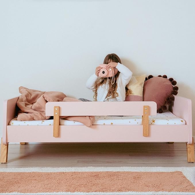 dadada Muse Toddler Bed with 2 Removable Safety Rails. Low Profile Montessori Bed for Kids. Sturdy Solid Wood Frame, Fits Standard Crib Mattress, Easy to Assemble, Toddler Bed for Girls & Boys - Pink