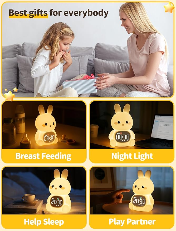 MASHI Bunny Alarm Clock, Toddler Sleep Training Clock with Sun & Moon, Sleep Sound Machine, Night Lights, Alarm Clock for Kids, Gift Ideas for Kids Child