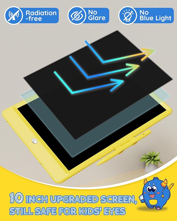 TEKFUN Toys for Girls Boys 10IN LCD Writing Tablet, Magic Doodle Board with Anti-Lost Stylus, Mess Free Coloring for Toddlers Drawing Pad, Toddler Travel Car Plane Trip Toys Gifts (Yellow)