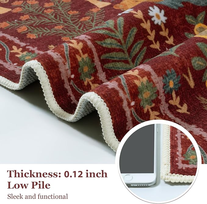 OJIA Jungle Print Washable Area Rugs 5x7, Soft Rugs for Living Room Ultra-Thin Non-Shedding Modern Bedroom Rug, Stain Resistant Throw Rug Large Carpet for Kids Nursery Dining Room, Red