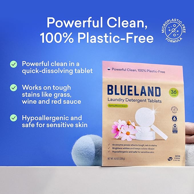 BLUELAND Laundry Essentials Kit, Spring Bloom - Plastic-Free Laundry Detergent Tablets, Oxi Booster, and Reuseable Natural Wool Dryer Balls