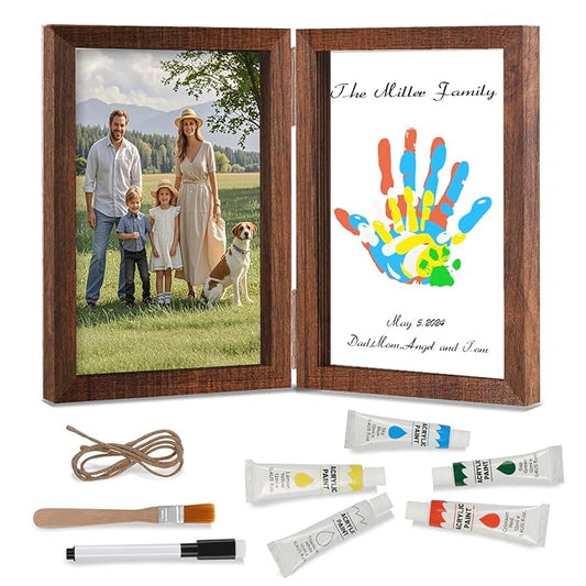 Family Handprint Kit, DIY Baby Hand and Footprint Handmade Keepsake Wooden Frame, Family Gifts with 5 Non-Toxic Baby-Safe Paint, Ideas Gift for New Parents Couple Friends