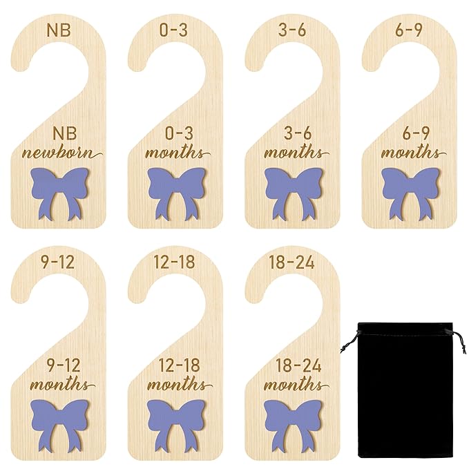 R HORSE Wooden Baby Closet Dividers - 8Pcs Double-Sided 3D Purple Bow Baby Closet Organizer Newborn Clothes Size Hanger Dividers Nursery Decor Baby Shower Birthday Gift for Boy Girl (0-24 Months)