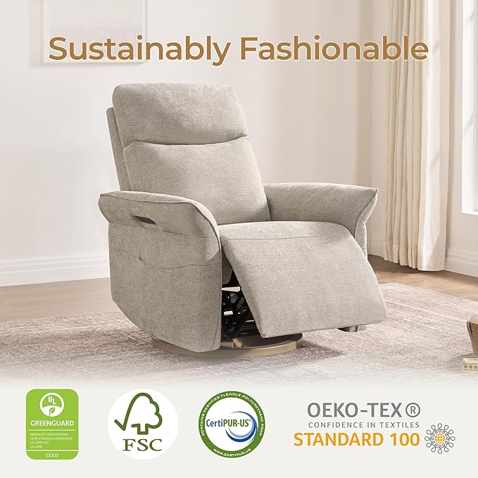 CHITA Power Recliner Chair, Electric Triple-Motor Swivel Glider Nursery Rocking Chair with Adjustable Power Headrest and Lumbar Support, GREENGARD Gold Certified, Solid Wood Base, Khaki Grey