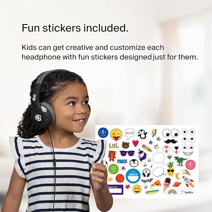 Belkin SoundForm Mini Kids Wired Headphones with Built-in Microphone & Fun Stickers, 85dB Safe Volume Limit – for Online Learning, Travel, Compatible w/iPhone 15, iPad, Galaxy S23, & More - Black