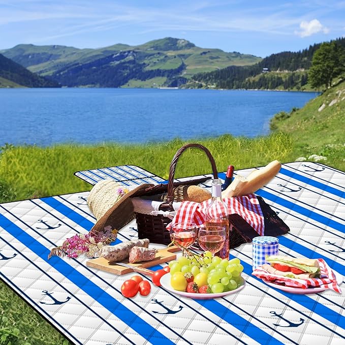 Poedist Extra Large Picnic Blanket Waterproof,80"x 80"Foldable Machine Washable Beach Blanket,Outdoor Blanket for 6-8 Adults,Suitable for Indoor Crawling,Park Beach,Camping,Hiking,Family Travel(Blue)