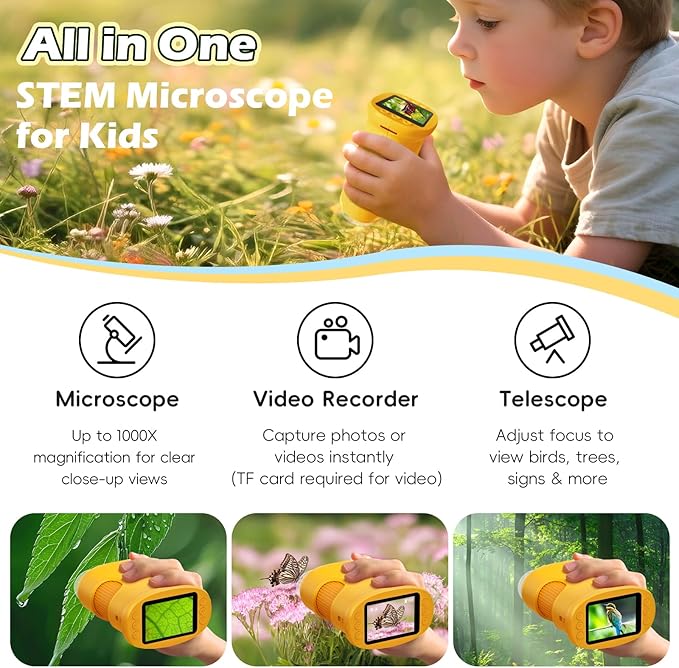 Microscope for Kids 1000X Digital, Handheld Kids Microscope HD Screen Video Record, Portable Miniscope STEM Toys, Birthday Gifts for 3 4 5 6 7 8-12 Year Old Boys Girls, 8GB TF Card Included