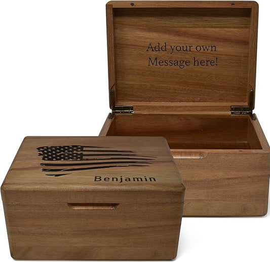 USA Flag Box with Name - Wooden Keepsake Box for Mens, Boys, Wooden Anniversary Wedding Gift for Men/Women, American Flag Gifts for Men, Personalized Memory Boxes, Trinket Boxes, 8 x 6 x 4 in