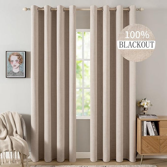 MIULEE Linen Textured Curtains Solid 100% Blackout for Bedroom Thermal Insulated Natural Beige Grommet Room Darkening Curtains & Drapes Luxury Decor for Living Room Nursery 52 x 72 Inch (2 Panels)
