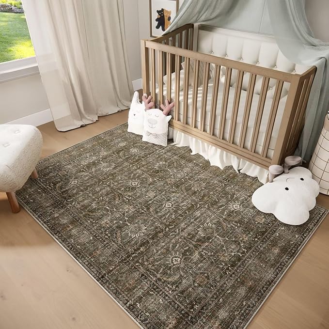 Washable 5x7 Area Rugs for Living Room, Boho Non-Slip Silicone Backing Rugs for Bedroom Dining Room Nursery Office, 0.3" Neutral Oriental Throw Carpet with 0.16" Cushioning Pad, Deep Brown/Multi