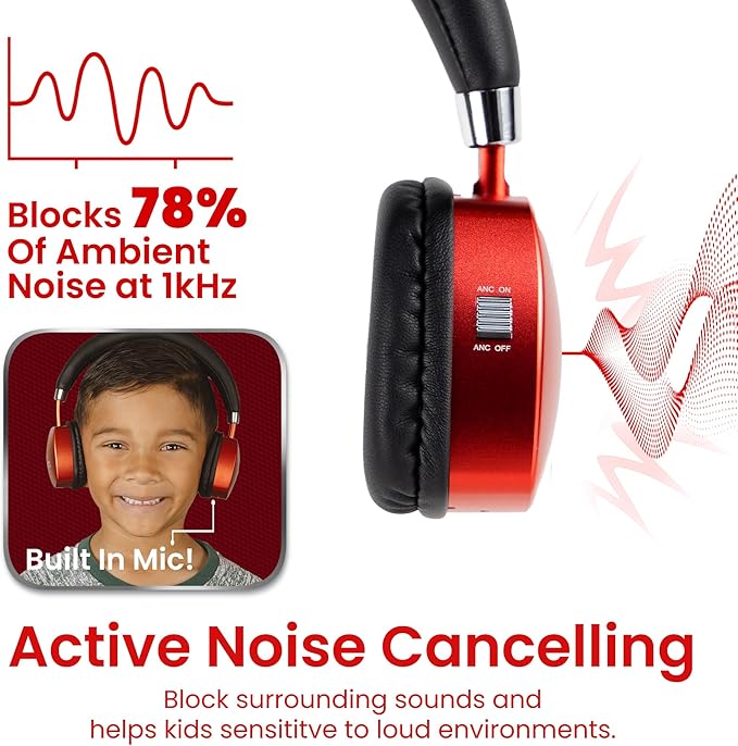 Puro Sound Labs PuroQuiet Plus Kids Noise Cancelling Headphones, Bluetooth Kids On Ear Headphones with Mic, Lightweight On-Ear Design, Studio-Grade Sound (Red)