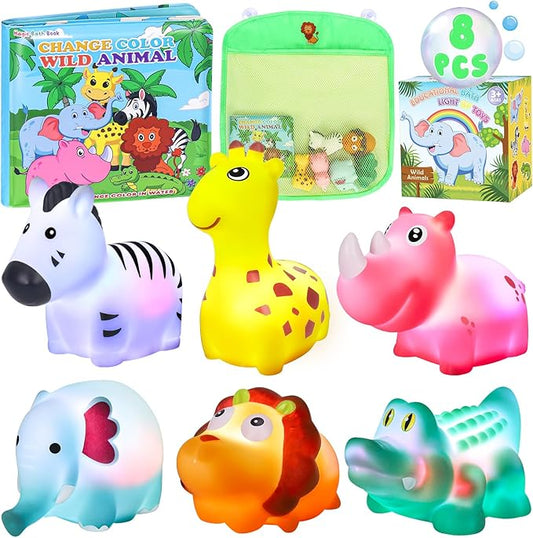Light Up Bath Toys for Toddlers Kids Baby Boys Girls, No Hole Bath Toys with Bath Book & Organizer, Glow Bath Time Toys for Bathrooms Pool, Animals Bathtub Toys Gift for Toddlers Kids Baby Infants