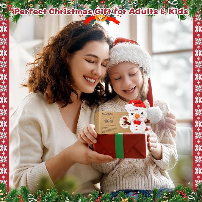 Christmas Snowman Crochet Kit for Beginners, Crochet Starter Kit for Kids Adults, Learn to Crochet w/Step-by-Step Video Tutorials, Pre-Started Yarn, Hook, DIY Amigurumi Craft Gifts for Christmas Décor