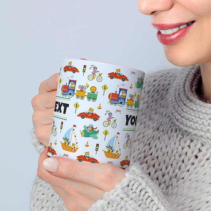 Personalized Mug for Kids - Vehicles - Custom Name/Text, Ceramic Hot Chocolate/Cocoa/Coffee Cup for Boys, Birthday/Christmas/Holiday Gift - 11 oz, Black Handle