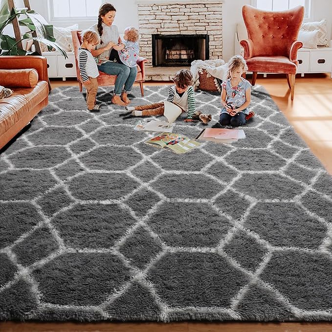 ONASAR Large Area Rugs for Living Room, 7x10 Grey and White Rug, Moroccan Thick Floor Mat for Bedroom Home Decor Aesthetic, Soft Fuzzy Shaggy Plush Fluffy Geometric Carpet for Dorm Classroom