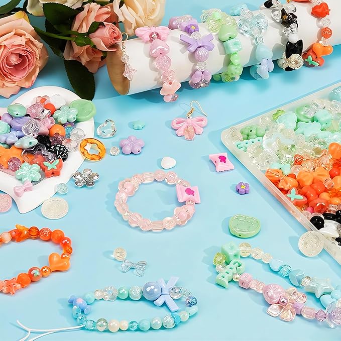 Sunlode Acrylic Beads for Bracelet Making, Assorted 6 Colors Cute Beads, Flower Bow Candy Bear Kawaii Bracelet Charms for Jewelry Making, Necklace Keychains Phone Charms DIY Crafts Gifts for Girls