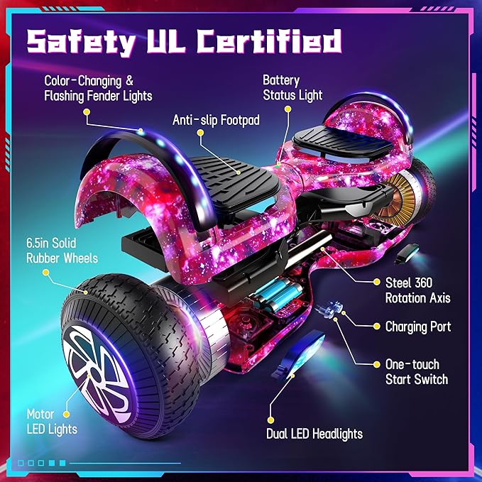 SISIGAD Scooters for Kids Ages 6-12, with Built-in Bluetooth Speaker and 6.5" Colorful Lights Wheels, Safety Certified Self Balancing Scooter Gift for Kids