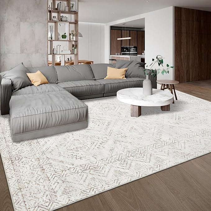 COZYLOOM 10x13 Area Rug Living Room Washable Rugs Stain Resistant for Bedroom Soft Floor Carpet Non Slip Distressed Geometric Carpet for Dining Room Laundry Room Office, Ivory