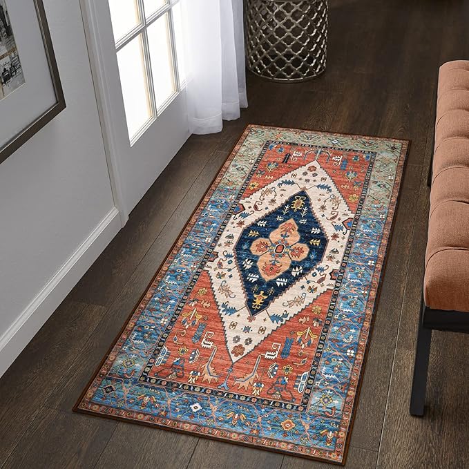 Lahome Boho Runner Rugs for Hallway - 2x4 Bathroom Area Rugs Non-Slip Small Throw Kitchen Rug Low-Pile Rugs for Entryway Laundry Room Rug Oriental Distressed Indoor Carpert Runner for Entrance BathRug