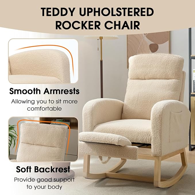 NIOIIKIT Modern Nursery Rocking Chair, Teddy Upholstered Rocking Chair with Footrest, Comfortable Rocker Recliner with Side Pocket, Glider Rocker for Living Room, Bedroom, Nursing Room (Cream)