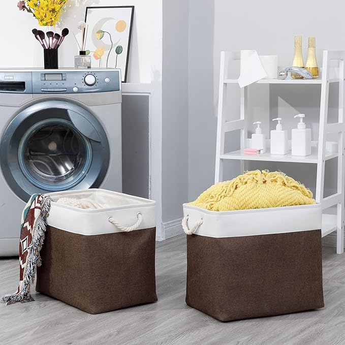 Bidtakay Baskets for Organizing Set of 2 Extra Large Fabric Storage Bins 17x12x15 in Collapsible Laundry Baskets Blanket Basket with Soft Handles Rustic Decorative Stair Basket Dog Toy Bins