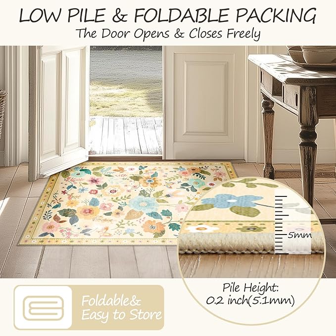Floral 2x10 Area Rug Machine Washable Soft Print Boho Carpet Non Slip Doormat Low Pile Flower Area Rugs for Living Room Bedroom Nursery Kitchen Dining Room Indoor-Ivory/Yellow