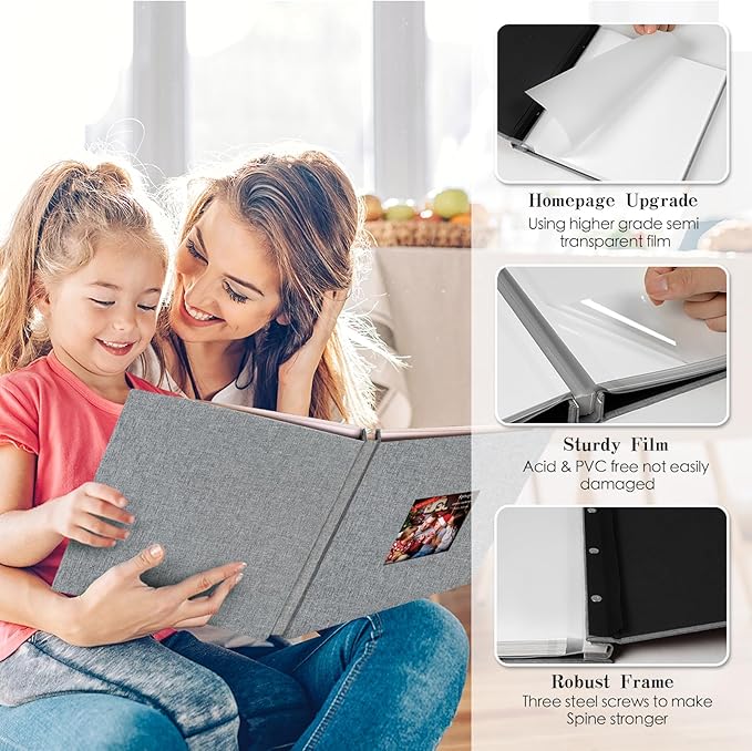 Spbapr Large Photo Album Self Adhesive 60 Pages Linen cover DIY Magnetic Scrapbook album with A Metal Pen Hold 3x5 4x6 5x7 6x8 8x10 Pictures Grey