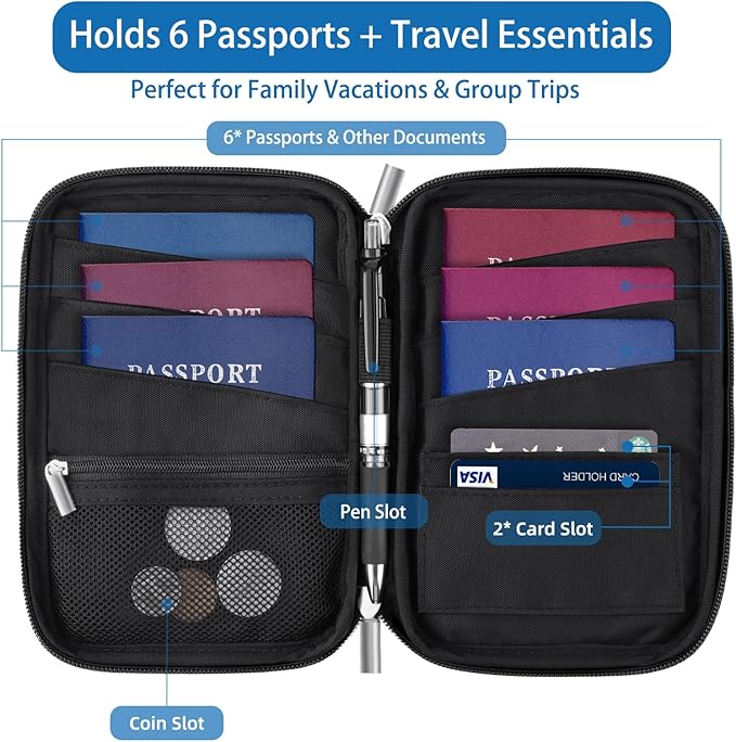 WALNEW Passport Holder for Travel Family, RFID-Blocking Travel Wallet Holder for 6 Passports, Water Resistant Bag Document Organizer for Cards, Cash, Boarding Passes, Tickets (Black)