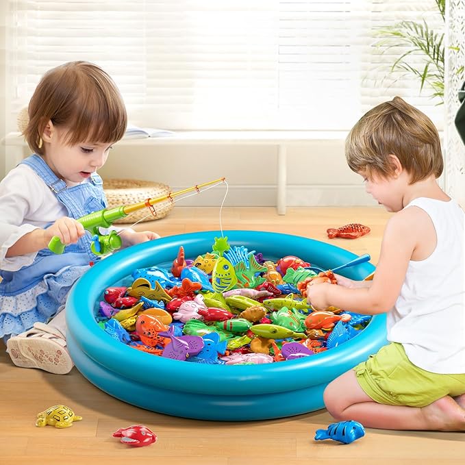 Pool Fishing Toys Games, Water Table Bathtub Toy with Inflatable Pool Pole Rod Net Plastic Floating Fish, Birthday Gifts for Kids Age 3 4 5 6 Year Old,Kids Outdoor Toys