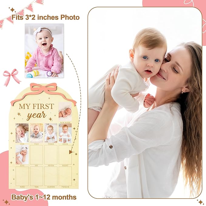 R HORSE My First Year Photo Frame Board, 3D Coquette Pink Bow Display Wood Board, Baby’s First Year 12 Months Milestone Sign 1st Birthday Frame Nursery Decor Keepsake Gift for Boy Girl