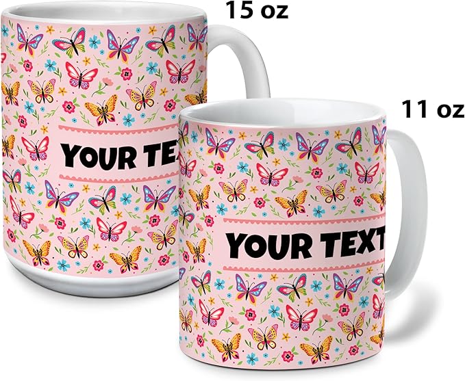 Personalized Mug for Kids - Butterflies - Custom Name/Text, Ceramic Hot Chocolate/Cocoa/Coffee Cup for Girls, Birthday/Christmas/Holiday Gift - 11 oz, Black Handle