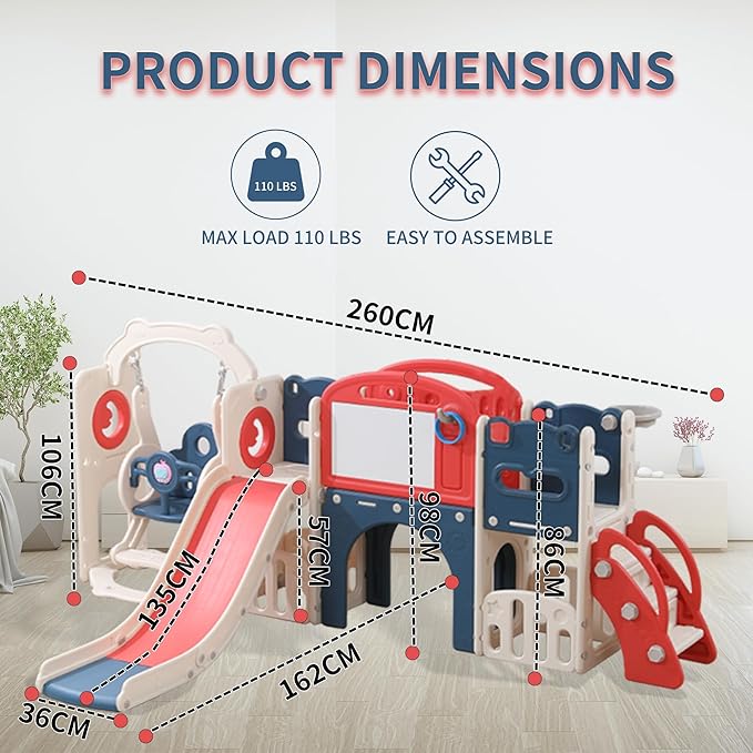 12 in 1 Toddler Outdoor Playset with Swing, Indoor Swing and Slide Set Playground for Toddlers 1-3, Durable Climber Basketball Hoop Ball Toddler Indoor Playset for Home Playground - Red Blue