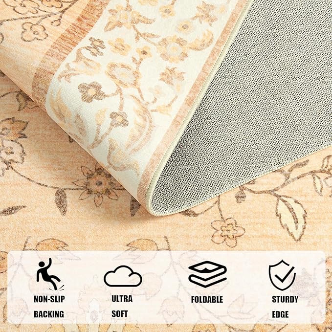 LOCHAS Washable Area Rugs 8x10, Peach Floral Rug for Living Room Bedroom Non Slip, Ultra Soft Vintage Indoor Carpet for Kids, Nursery, Dorm, Dining Room, Classroom, Boho Flower Home Decor, Low-Pile