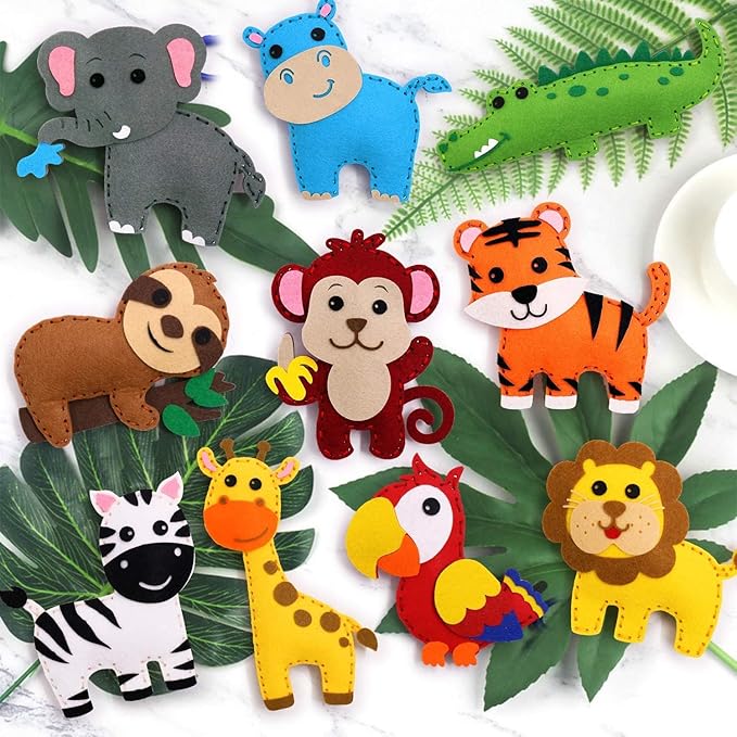 Safari Jungle Animals Sewing Kit Zoo Felt Animal DIY Crafts for Girls and Boys Educational Nursery Sewing for Kids Art Craft Kits for Beginners Set of 10