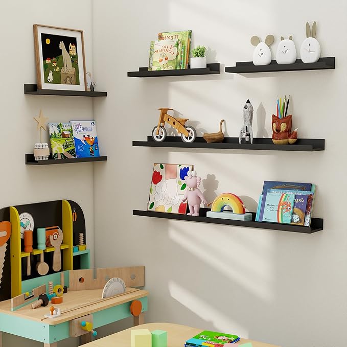 Axeman Picture Ledge Shelf, Floating Shelves for Wall Decor Storage Set of 6, 48 inch Floating Wall Mounted Shelves, Wall Shelves with Lip for Living Room, Bedroom, Nursery, Bathroom, Kitchen, Black