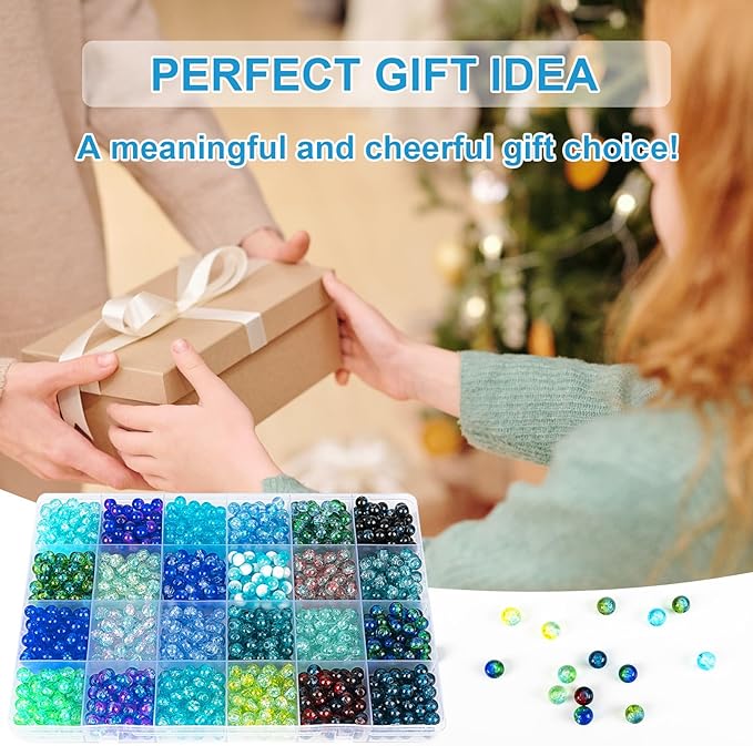 XSEINO About 1200pcs 6mm Crack Glass Beads Bracelet Making Kit,24 Assorted Crackle Oceanic Blue Series Colorful Crystal Beads for Bracelet,Jewelry Making,DIY Crafts,Friendship Bracelets