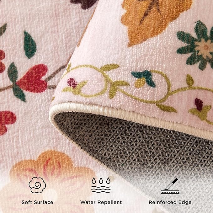 Rug Runners 2x6, Floral Washable Kitchen Rugs for Hallways Area Rugs, Non Slip Long Rug Low Pile Doormat Flower Carpet for Kitchen, Entryway Indoor, Bedroom, Bathroom, Laundry, Pink/Beige