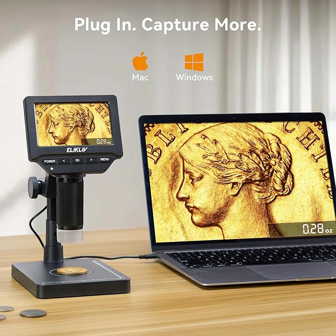 Elikliv EDM4C Coin Microscope with Scale：4.3" Digital Microscope with Adjustable LED, Error Coin Magnifier with Screen & Weighing Scope for Collectors, Jewelers, Students, Windows/Mac Compatible