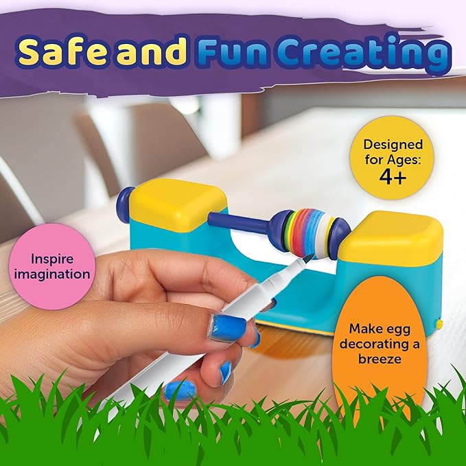 MindWare Eggmagic Decorator Dynamic Easter Egg Coloring Kit with Automatic 360 Egg Spinner and Vibrant Non-Toxic Marker Set (8 ct) for Creative Family Fun Decorating Activity