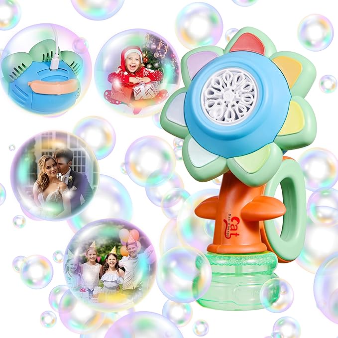 Sunflower Bubble Machine for Kids Automatic Flower Bubble Toy with Colorful Lighting for Toddlers Handheld 20000+Bubbles 3 Modes Fun Swing Dance Bubble Maker Blower Blaster Outdoor Toys Type-C Blue