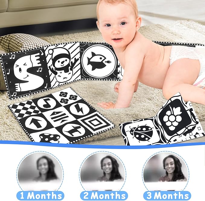 KUANGO Newborn Toys Black and White Baby Toys 0-3 Months High Contrast Baby Toys for Newborn - High Contrast Baby Soft Book Infant Tummy Time Toys Crinkle Sensory Toys for Brain Development