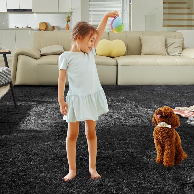 Ultra Soft Rug for Living Room, 8X10 Fluffy Shag Area Rug for Bedroom, Modern Shaggy Carpets Fuzzy Rug for Teens Dorm Nursery Home Decor Aesthetic, Upgrade Anti-Skid Durable, Black