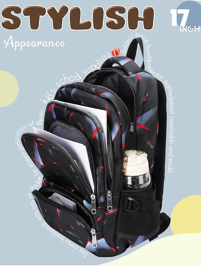BLUEFAIRY Kids Backpack for Boys Elementary Primary School Bags for Childs Black Bagpack Book Bag Back to School Gifts for Son Mochilas Escolares para Niños 17" Large Compartment Black/Red