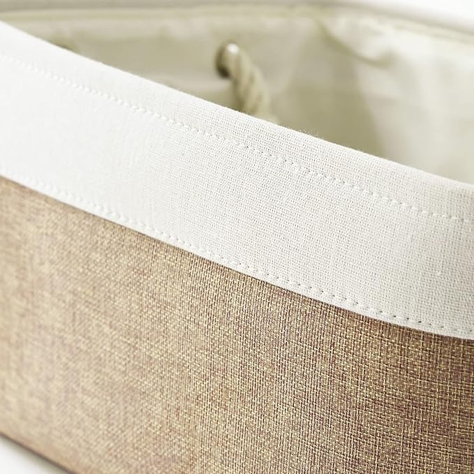 Fabric Storage Baskets - Rectangular Baskets for Organizing Fabric, Shelves & Decorative Use (White & Khaki)