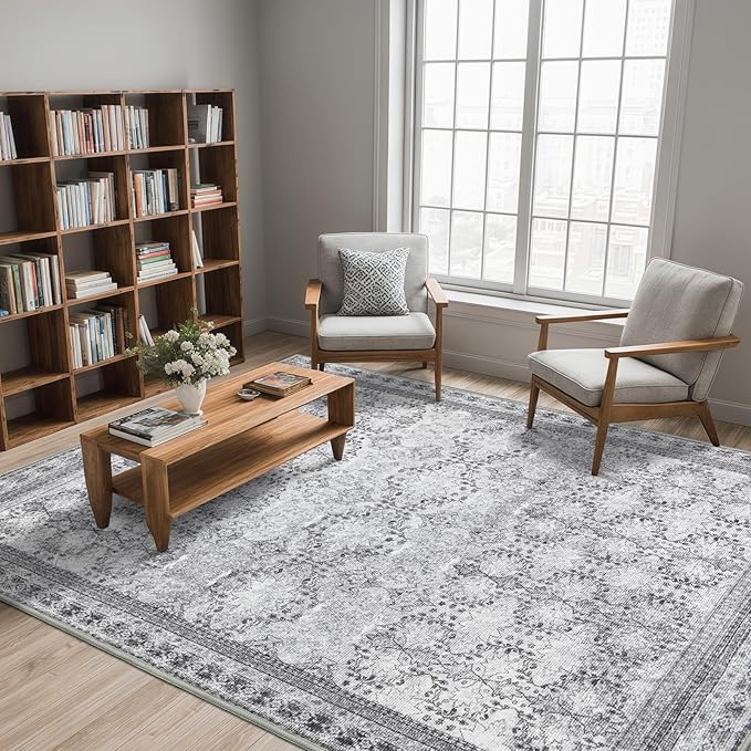 Large Faded Gray 8x10 Washable Area Rug for Living Room, No Shedding Vintage Floral Print Rugs Non Slip, Indoor Foldable Thin Retro Accent Carpet for Bedroom Farmhouse Dining Room